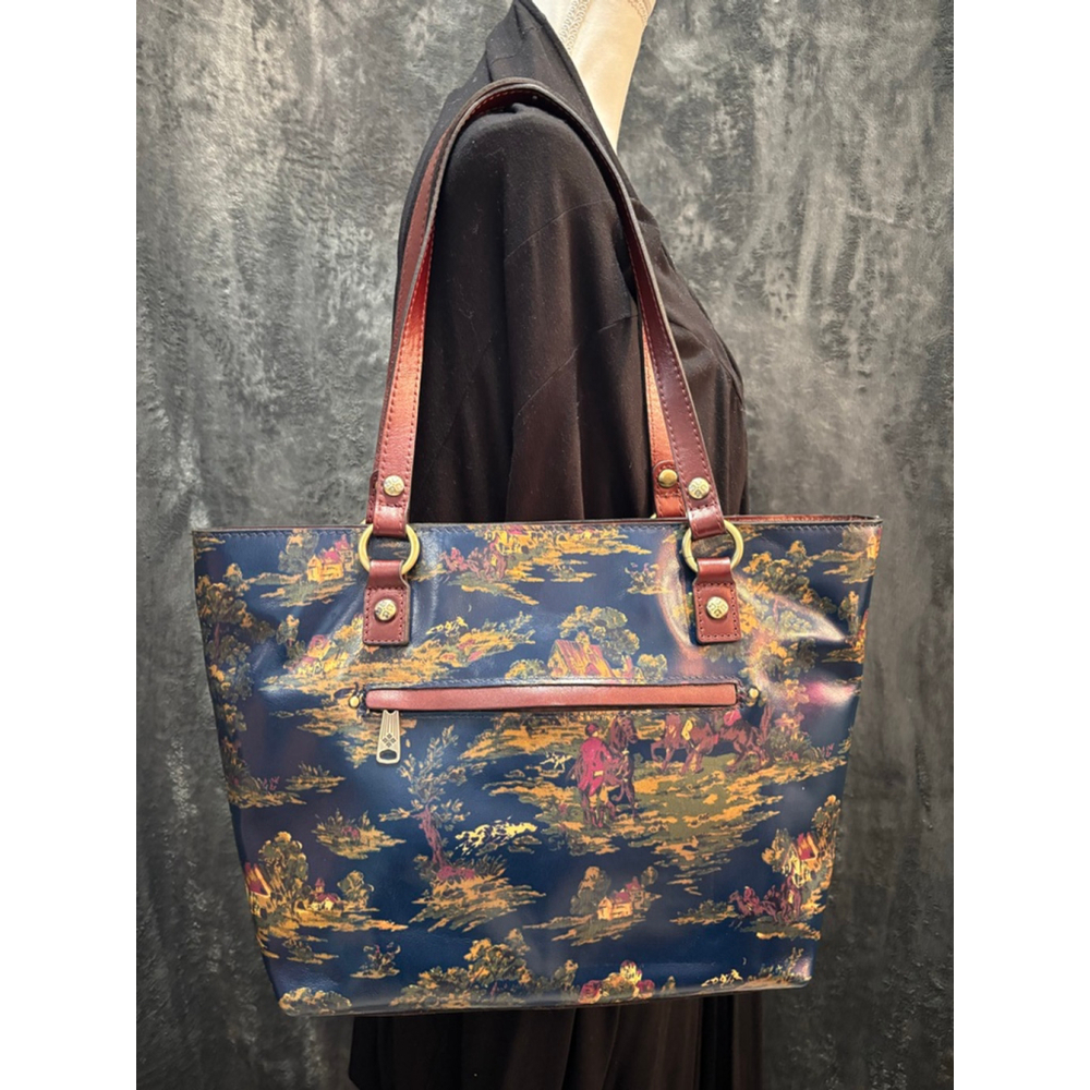 Patricia Nash Navy Tote with Brown Leather Handles and Scenic Gold & Pink Print